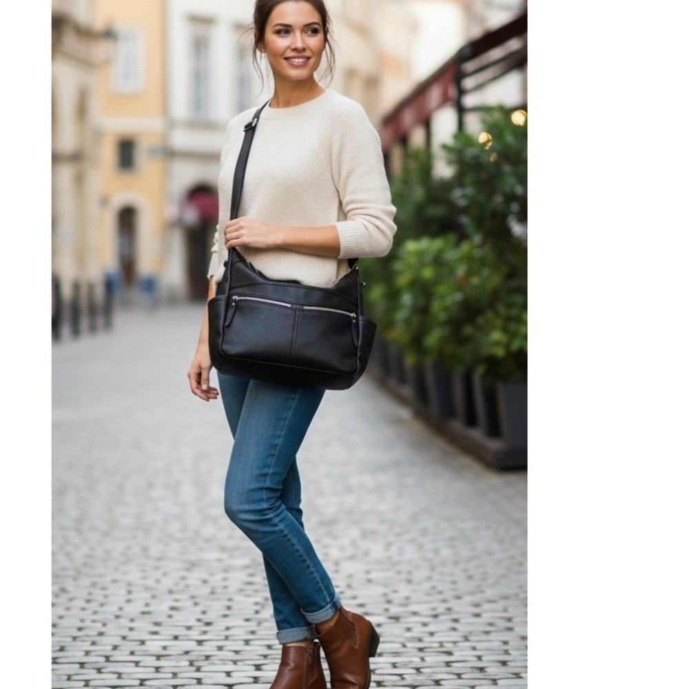 Y2K Style Black Pebbled Faux Leather Multi-Pocket Crossbody‎ Hobo Bag Organizer